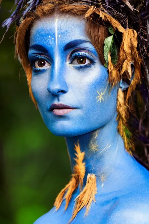 Prompt: an italian woman dressed as a blue-skinned female navi from avatar standing in a forest, blue body paint, high resolution film still, 8k, HDR colors, cosplay, outdoor lighting, high resolution photograph, photo by bruce weber, beautiful symmetric face, beautiful gazing eyes
