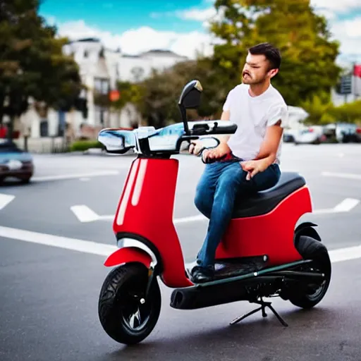 Image similar to Seagull perched on the head of a man riding an electric scooter