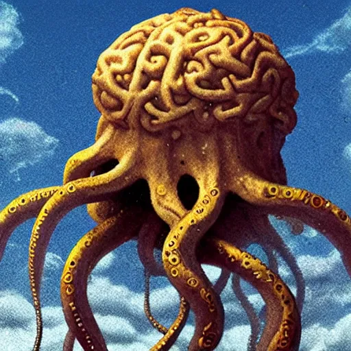 Prompt: a horrific tentacled brain floats in the clear sky