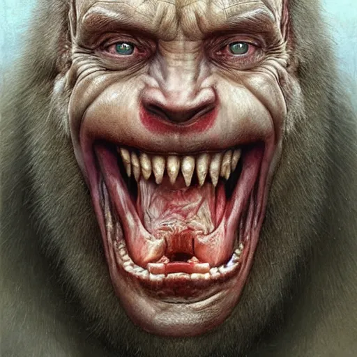 Image similar to vladimir putin, putin is bald prehistoric primate caveman, reptiloid reptile eyes, toothless, missing teeth, horror macabre face, clown nose, by donato giancola and greg rutkowski and wayne barlow and zdzisław beksinski, realistic face, digital art