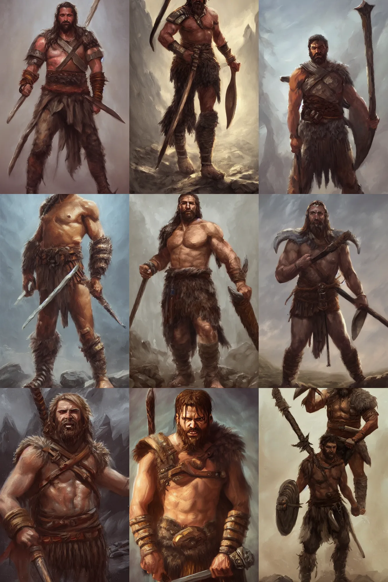 Prompt: a full body fantasy portrait oil painting illustration of a single stoic barbarian man by Justin Sweet with face and body clearly visible, d&d, rpg, forgotten realms, artstation trending, high quality, sombre mood, artstation trending, muted colours, no crop, entire character,