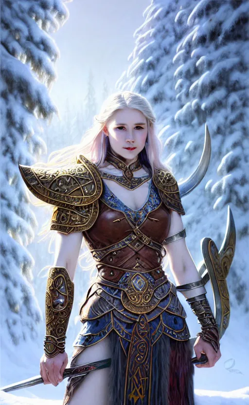 Image similar to opal viking warrior, regal, elegant, winter, snow, beautiful, stunning, hd, illustration, epic, d & d, fantasy, intricate, elegant, highly detailed, wide angle, digital painting, artstation, concept art, smooth, sharp focus, illustration, wallpaper, art by artgerm and greg rutkowski and alphonse mucha and jin xiaodi