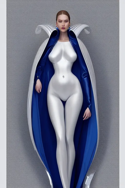 Image similar to detailed beautiful noun in opened white gold blue coat, seductive confident pose, attractive feminine curves, intricate details, futuristic, alien, elegant cape, elegant, photorealism, trending on artstation, holy halo, advanced technology, art by moebius and vitaly bulgarov and chanthara