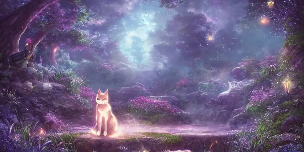 Prompt: final fantasy key visual of a cat, meditating in a magical fantasy garden at night, moonlight, fireflies glowing, lofi feel, magical, highly detailed, digital art, artstation, smooth, hard focus, illustration, art by artgerm - in the style of final fantasy and studio ghibli