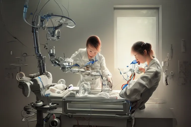 Image similar to hyperrealistic photography of a female scientist constructing a birth machine in the style of Jin Kagetsu, James Jean and wlop, highly detailed, masterpiece, award-winning, sharp focus, intricate concept art, digital painting, ambient lighting, 4k, artstation