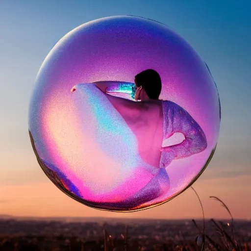 Image similar to portrait photo, a woman covered in intricate silver body paint and a purple florescent bikini inside a giant iridescent bubble floating above beautiful colorful pink sunset clouds
