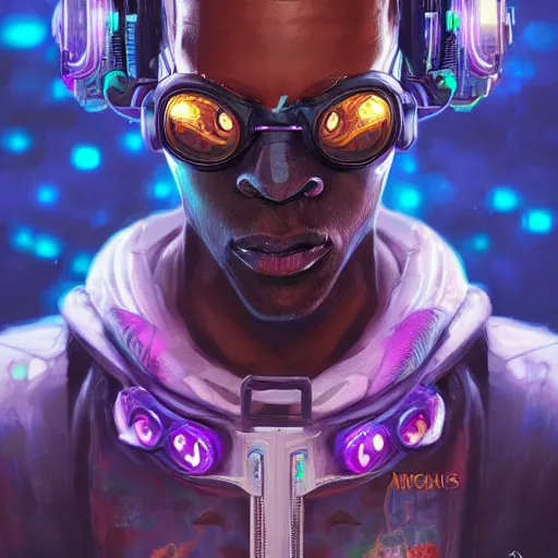 Prompt: a cyberpunk african necromancer, Apex Legends character digital illustration portrait design, by android jones, detailed, cinematic lighting, wide angle action dynamic portrait