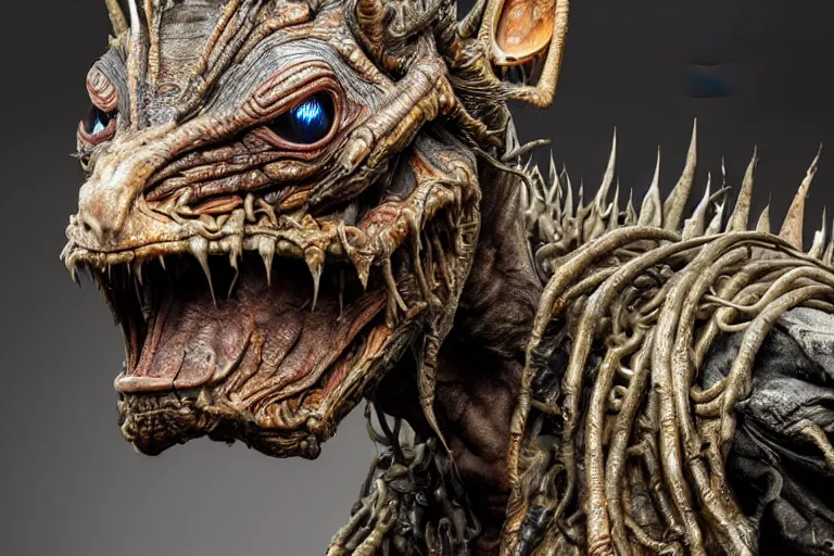 Image similar to photo taken of an epic intricate, ultra detailed, super realistic gritty, hero prop, exquisitely weathered animatronic movie prop of a lifelike sculpture of a nightmarish creature displayed in the workshop, created by weta workshop, full body shot, photorealistic, sharp focus