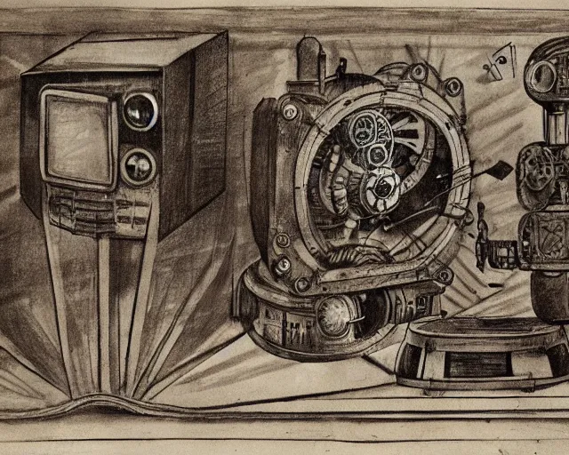 Image similar to steampunk mechanical electrical television set sketch by leonardo da vinci