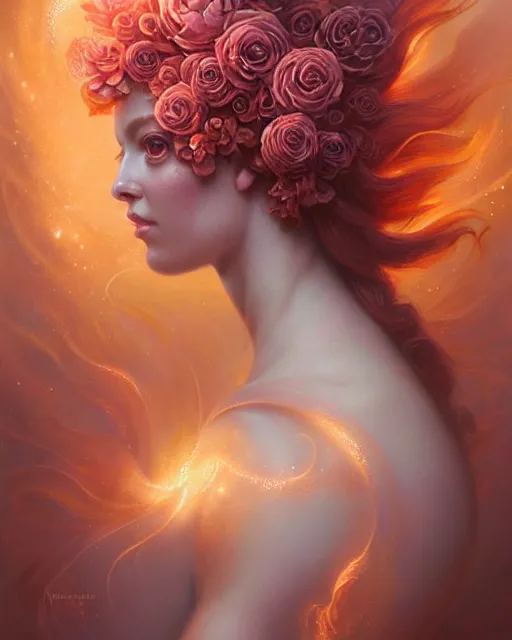 Image similar to rose gold carved mahogany beauty portrait, fauna flora explosion of beautiful petals, radiant light, artgerm, peter mohrbacher, fantasy art