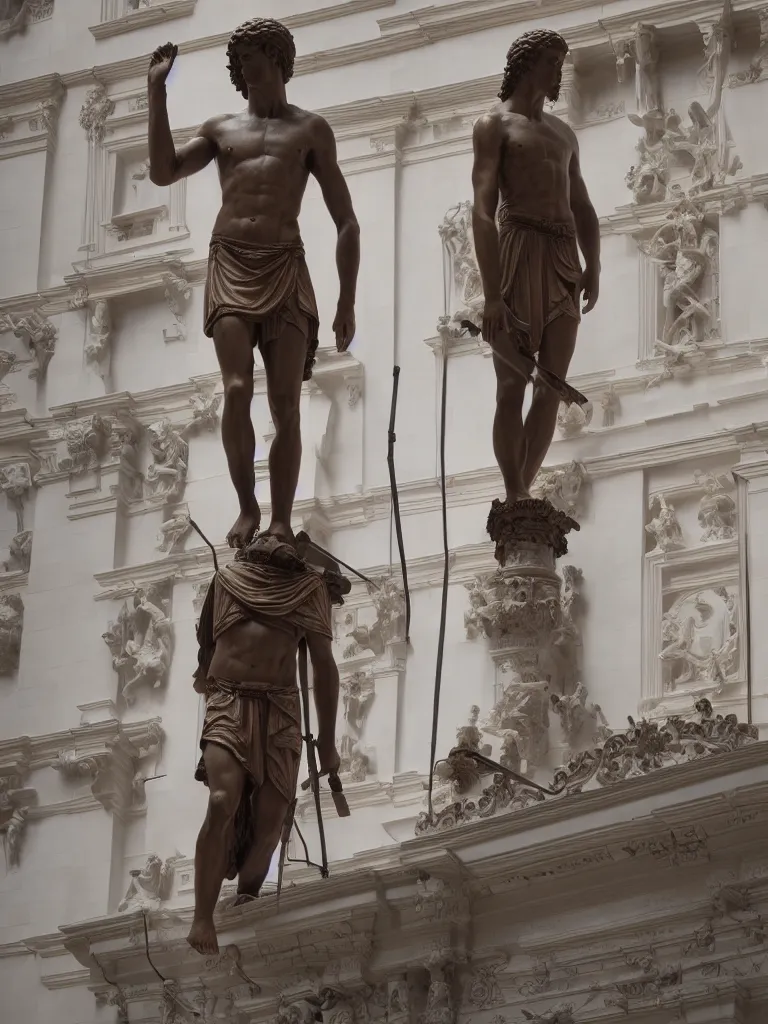 Image similar to wood scaffolding surrounds the statue of david, photorealistic, hyperdetailed, studio lighting, octane render, caustics