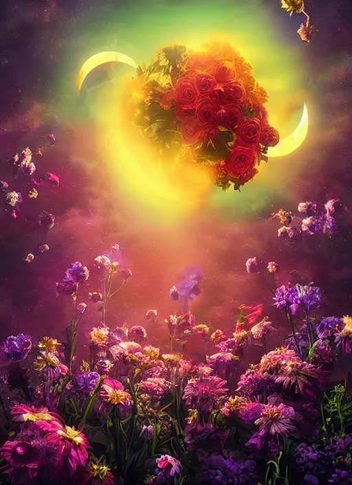 Image similar to An epic fantastic realism comic book style painting of the most beautiful flowers launched into space, bouquets, solar eclipse, fisheye, unreal 5, DAZ, hyperrealistic, octane render, dynamic lighting