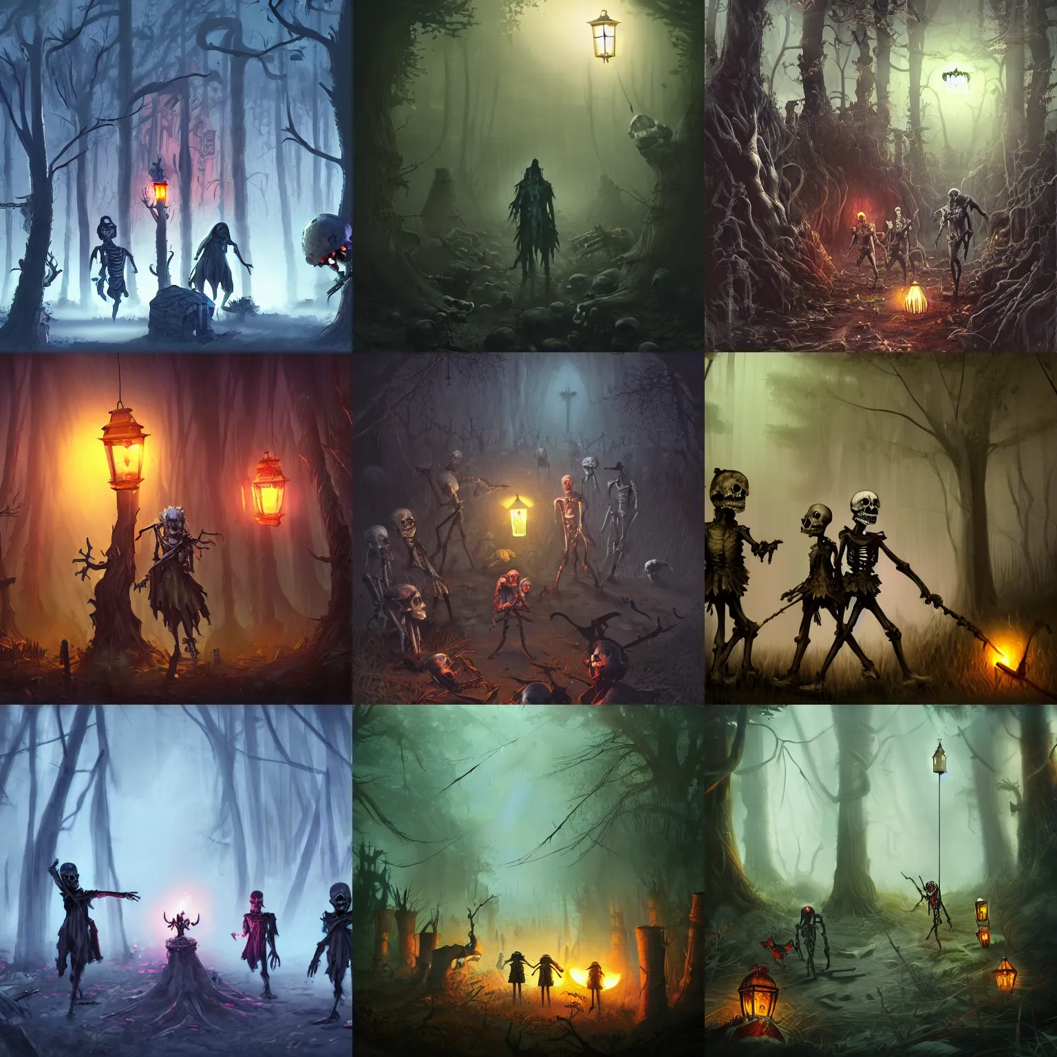 Prompt: dangerous skeletons and zombies in a forest at night lit by gloomy lanterns, dnd, concept art, fantasy art, 4 k, artstation