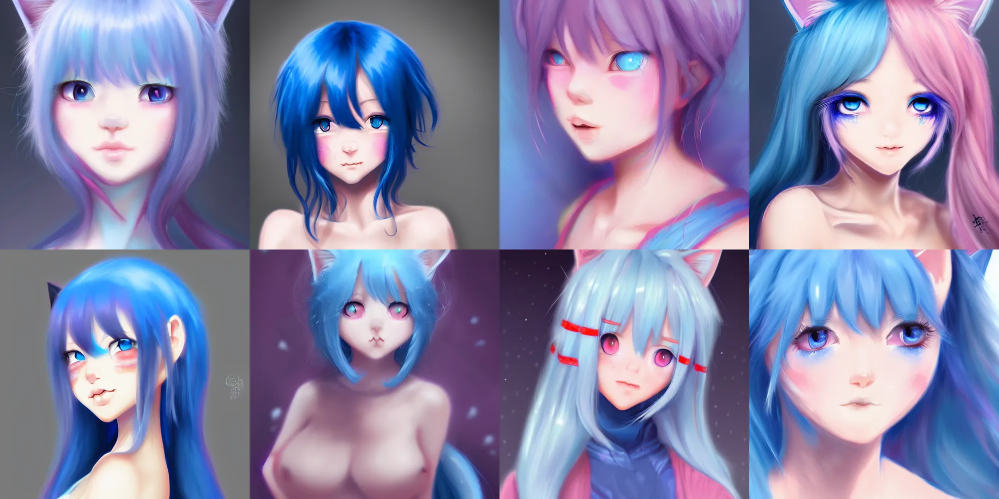 Prompt: very beautiful digital painting of a blushing blue-haired cat girl, neko, ishikei, wlop, trending on artstation