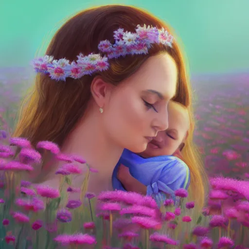 Image similar to A mother and child in a field of flowers, serene, digital painting, artstation, close up, details, sharp focus, illustration, By Ross draws