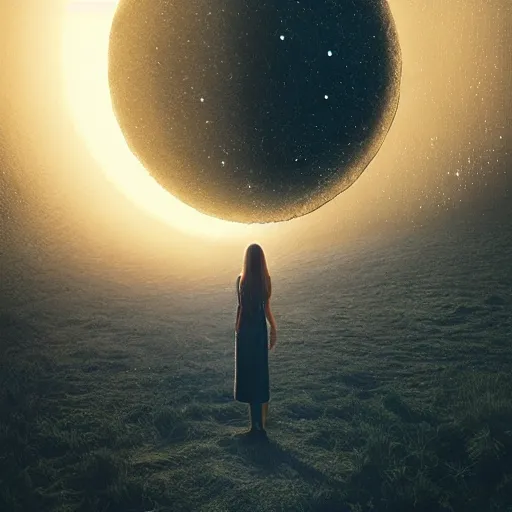 Prompt: a woman with long hair standing in front of a moon, digital art by mike winkelmann, trending on cgsociety, space art, sense of awe, cosmic horror, chillwave