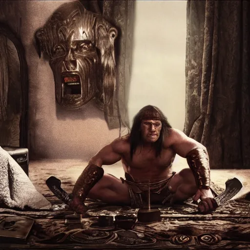 Image similar to photo of conan the barbarian watching television in his tiny apartment, hd ( postprocessed )