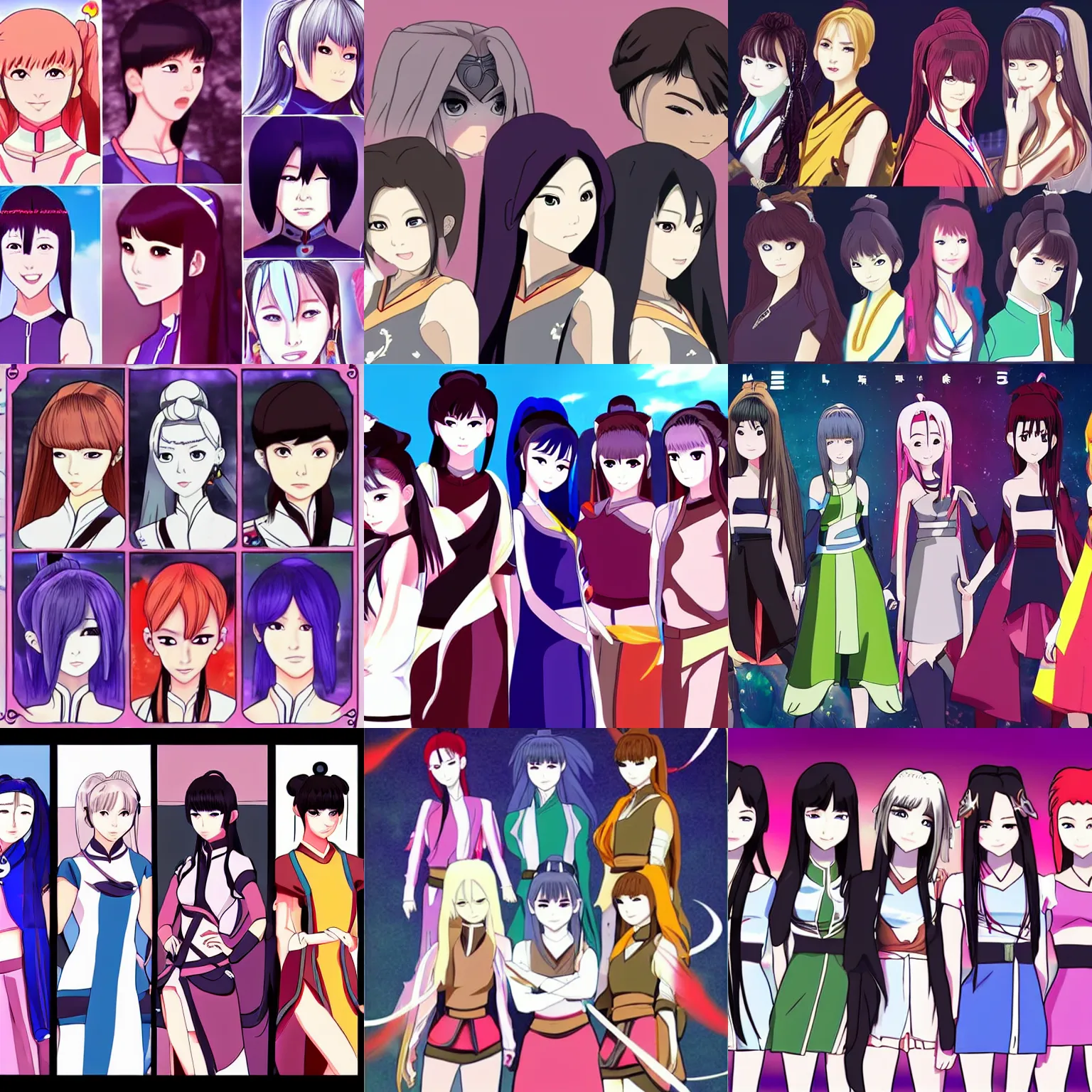 Prompt: a k - pop girl group, in the style or avatar the last airbender, anime, ultra detailed,