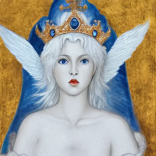 Prompt: portrait of a white haired angel with a blue stone crown, perfect face