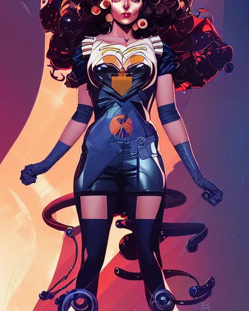 Prompt: artgerm, joshua middleton and sandra chevrier comic cover art, full body betty page as pretty female space pirate, symmetrical eyes, long curly hair, beautiful, rim lighting, vivid colors