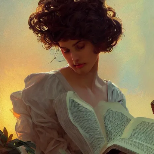 Image similar to Her soul was made of poems, her hair music, Her skin was made of words that my hands couldn't wait to read, highly detailed, digital painting, artstation, concept art, sharp focus, illustration, art by alex ross and greg rutkowski and alphonse mucha