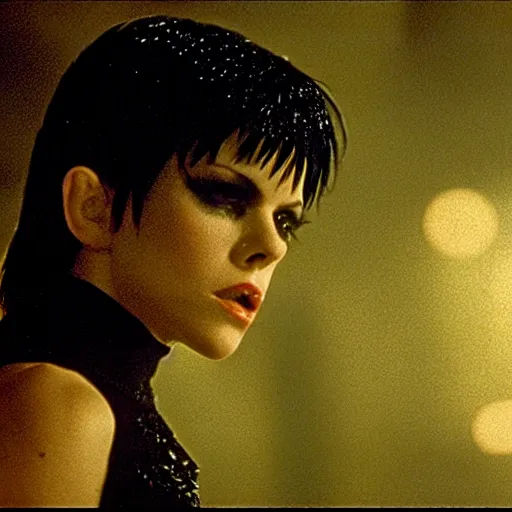 Image similar to a film portrait still of joan jett in blade runner, gritty cyberpunk atmosphere. realism, cinematic lighting, beautiful gothic fantasy photorealistic, 4 k. 8 mm. grainy. panavision.