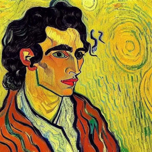 Image similar to painting of handsome beautiful dark medium wavy hair man in his 2 0 s, dressed as an oracle, foreseeing the future, elegant, clear, painting, highly stylized, art by vincent van gogh, egon schiele