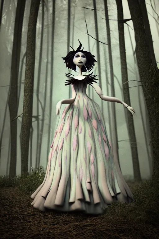 Image similar to Full body Woman wearing a dress inspired by Tim burton in a magical dream like forest. Fashion. Octane Render. 3D. V-Ray. Unreal engine 5. Cinematic Colour Grading. 35mm. f/1.8.