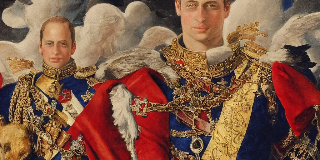 Prompt: painting of prince william, duke of cambridge wearing knight's armor with heavenly angels surrounding him