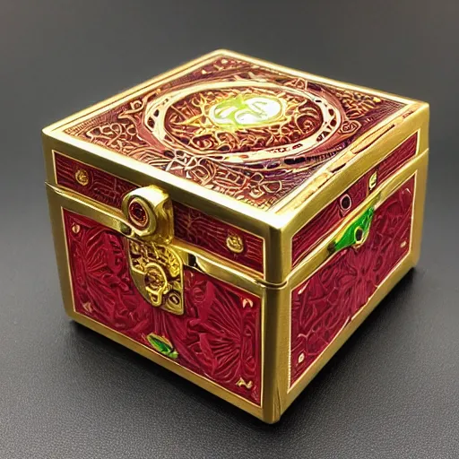 Image similar to a beautiful and vivid and colorful andreas rocha magic the gathering fantasy illustration of a beautiful engraved wooden pandora's box with inlaid jewels and gold filigree scrollwork.