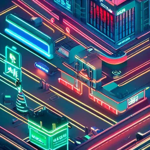 Prompt: isometric cyberpunk city, many vintage neon signs, futuristic highways, render, octane, 4k, highly detailed, vivid colors, high definition, by James Gilleard and Makoto Shinkai, Akira movie vibe