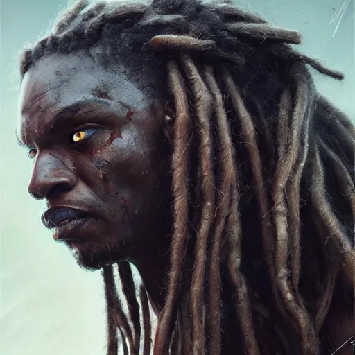 Image similar to A frontal head portrait of The Predator with dreadlocks, by dreadjim, Greg Rutkowski, james gurney, epic scifi character art, Exquisite detail, post-processing, low angle view, masterpiece, cinematic