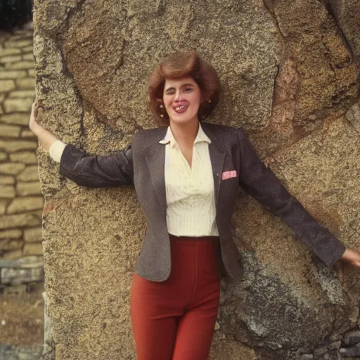 Image similar to a vintage 1 9 8 0 s kodachrome slide of a cheerful lady in a feminine suit posing on a stone wall in autumn sunshine.