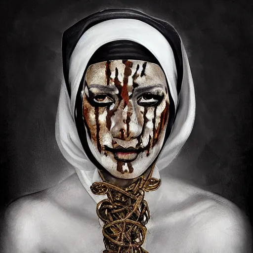 Image similar to portrait of a Shibari rope wrapped face and neck, headshot, insanely nice professional hair style, dramatic hair color, face paint half and half, digital painting, of a old 17th century Black Nun, amber jewels, baroque, ornate clothing, scifi, realistic, hyperdetailed, chiaroscuro, concept art, art by Franz Hals and Jon Foster and Ayami Kojima and Amano and Karol Bak,