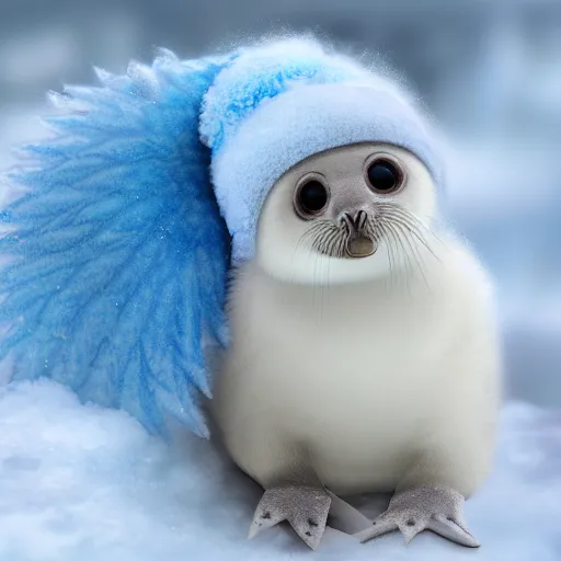 Image similar to photorealistic hd white fluffy baby harpy seal wearing a light blue winter hat, snowy, cold, arctic tundra, adorable