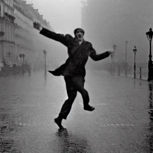 Image similar to the man leaping in a raining paris street, by henri cartier bresson,