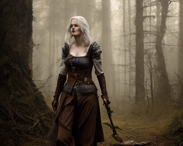 Image similar to 5 5 mm portrait photo of a real life tough looking eva green as ciri in brown leather armor with silver hair and a large scar along her left cheek, in a magical forest. dark atmosphere. art by greg rutkowski. highly detailed 8 k. intricate. lifelike. soft light. nikon d 8 5 0.