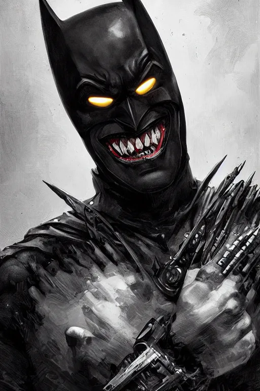 Image similar to Portrait of Robert Pattinson as The Batman Who Laughs, dc comics, dark, intricate, highly detailed, smooth, artstation, digital illustration by Ruan Jia and Mandy Jurgens and Artgerm and Wayne Barlowe and Greg Rutkowski and Zdislav Beksinski