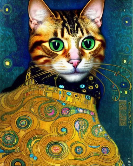 Image similar to cat portrait an oil painting splashes with many colors and shapes by gustav klimt greg rutkowski and alphonse mucha, polycount, generative art, psychedelic, fractalism, glitch art