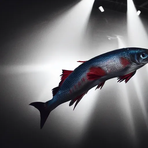 Prompt: two fish fighting in a boxing ring, spotlights, club lighting, epic photograph, realistic