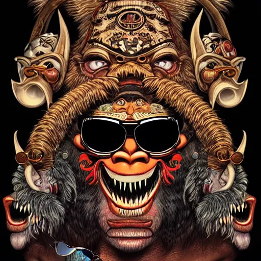 Prompt: barong family member with ray - ban sunglasses, wiwek, mara demon, one single tribe member, jungle, one single mask, dark, gorilla viking, tribal, inner glow, art by dan mumford and justin gerard and takato yamamoto