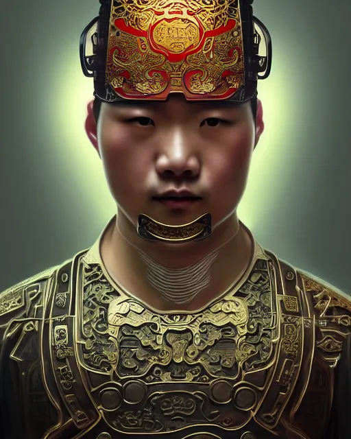 Image similar to portrait of a chinese masculine male cyberpunk machine, machine face, upper half portrait, decorated with chinese opera motifs, muscular, asian, fine china, wuxia, traditional chinese art intricate intense elegant 京 剧 highly detailed symmetry headpiece digital painting artstation concept art smooth sharp focus illustration, art by artgerm and greg rutkowski alphonse mucha 8 k