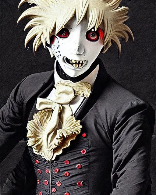 Image similar to tokyo ghoul monster ken kaneki character wearing a beautiful 1 8 th century suit with a tie, rococo style, francois boucher style, highly detailed, very realistic, painterly style