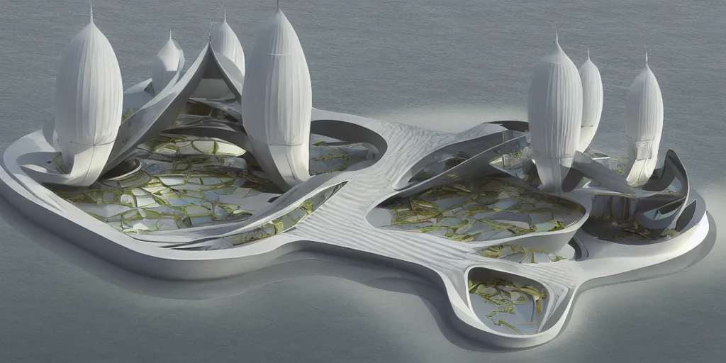 Image similar to mosque floating spaceship by zaha hadid, golds fantasy world