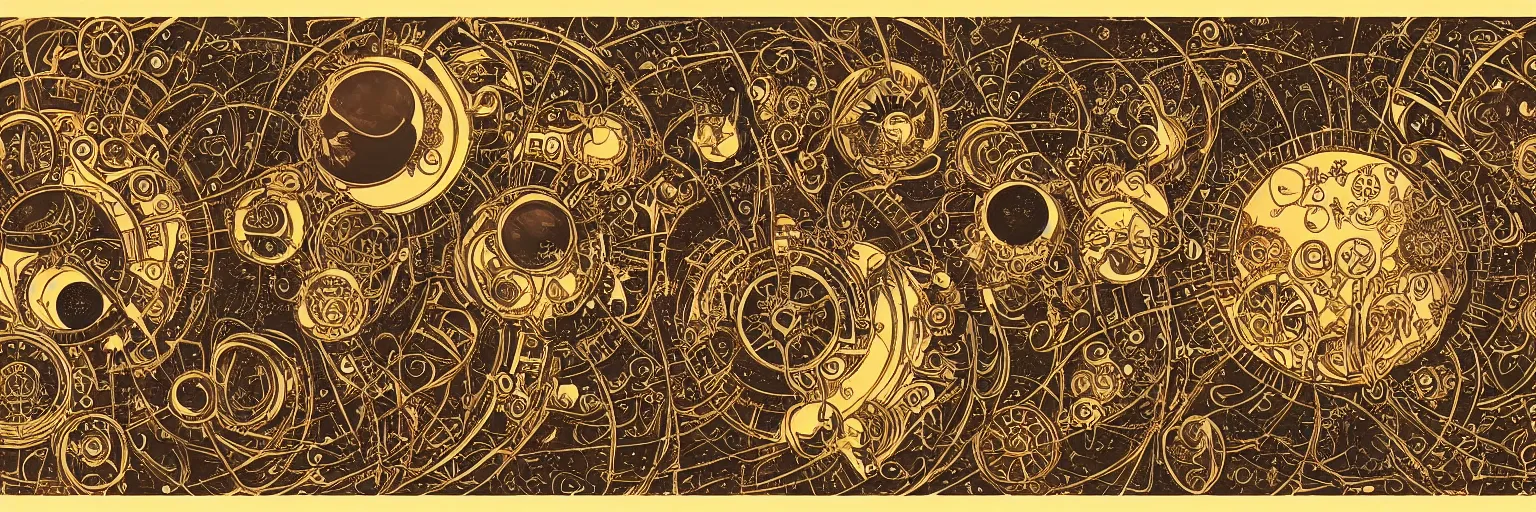 Prompt: steampunk art nouveau portrait of a sun and moon and stars and a comet and the planet earth, rich bright cartoon colors, intricate, ornate, circuitry, gears, painted, extremely hyperdetailed, art deco, anime, sharp focus