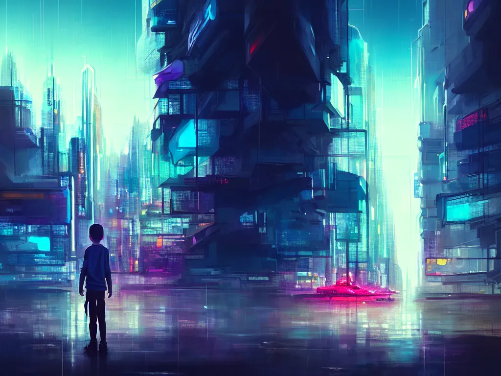 Prompt: a painting of a boy in a glass box mid city, futuristic city surrounded by clouds, cyberpunk art by yoshitaka amano and alena aenami, cg society contest winner, retrofuturism, matte painting, apocalypse landscape, cityscape