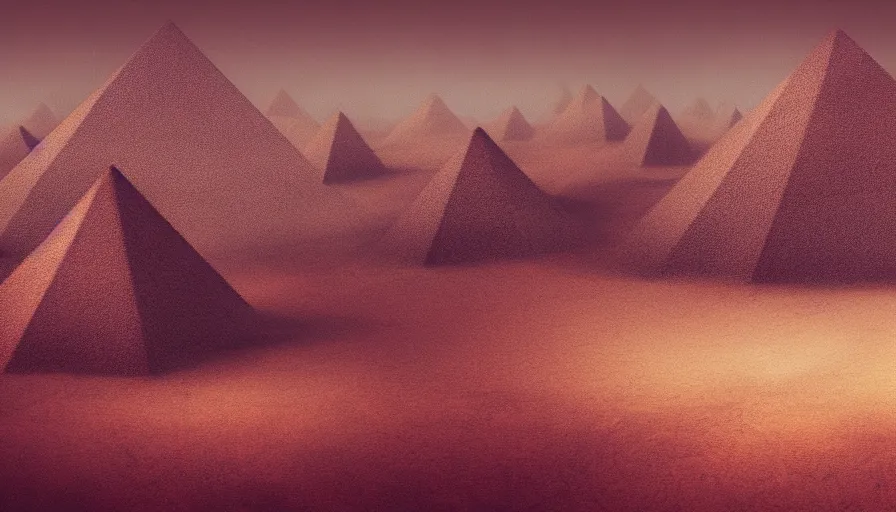 Image similar to rainy cloudy dark moody desert landscape scene with large mysterious detailed desert pyramids, fantasy, ambient, vaporwave, retro, surrealism, volumetric lighting, digital art, pixel sorting, trending on artstation