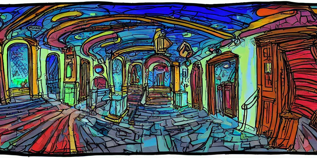 Image similar to a colorful dimly lit, theater access corridor, 3 doors, 1 staircase, day of the tentacle style, fish eye, drawn by Scott C