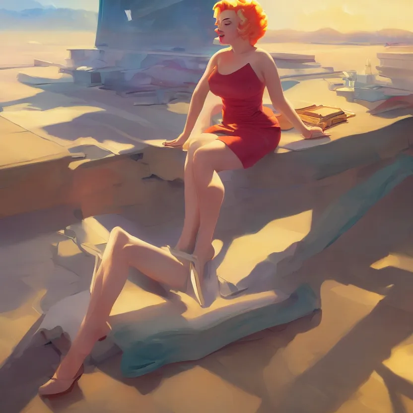 Image similar to a cinematic marilyn monroe, octane render, hyperrealistic, at sunrise, by edward hopper jesper ejsing, by rhads, makoto shinkai and lois van baarle, ilya kuvshinov, rossdraws