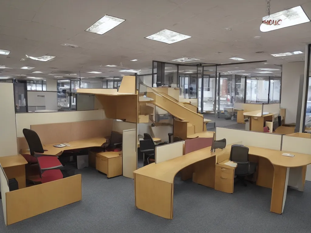 Prompt: 9 0 s cubicle office with stairs made of tables chairs